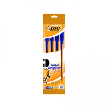 Bic Cristal Original Fine Pack de 4 Boligrafos de Bola - Punta Redonda de 0.8mm - Trazo de 0.3mm - Tinta con Base de Aceite - Co