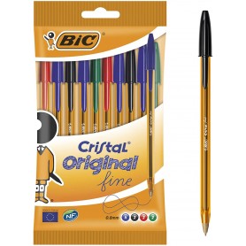 Bic Cristal Original Fine Pack de 10 Boligrafos de Bola - Punta Redonda de 0.8mm - Trazo de 0.30mm - Tinta con Base de Aceite -