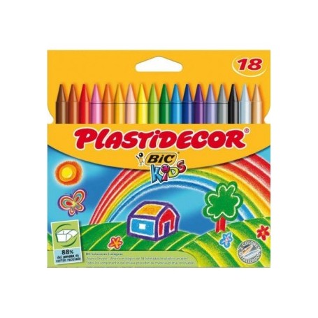 Bic Kids Plastidecor Caja de 18 Lapices de Cera - Extraresistentes - Facil de Sacar Punta - No Mancha
