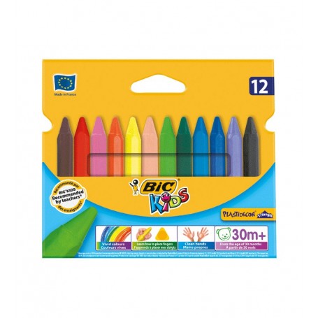 Bic Kids Plastidecor Peques Caja de 12 Lapices de Cera Triangulares - Ideal Niños Pequeños - Textura blanda - No Mancha