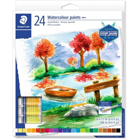 Staedtler Pack de 24 Tubos de Acuarela 12ml - Colores Brillantes - Usar en Papel Acuarela o Cartulina - Colores Surtidos