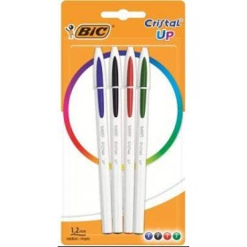 Bic Cristal Up Pack de 4 Boligrafos de Bola - Punta Redonda de 1.2mm - Trazo 0.6mm - Tinta con Base de Aceite - Cuerpo Blanco - 