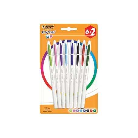 Bic Cristal Up Pack de 8 Boligrafos de Bola - Punta Redonda de 1.2mm - Trazo 0.6mm - Tinta con Base de Aceite - Cuerpo Blanco - 
