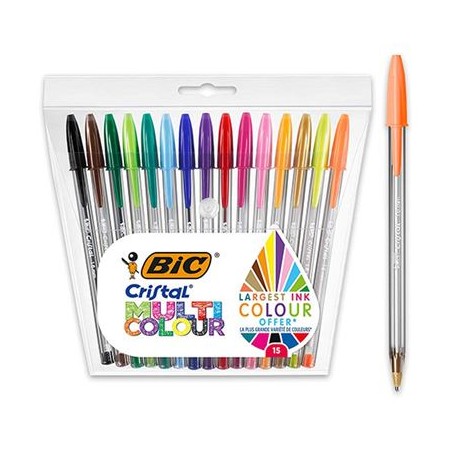 Bic Cristal Multicolour Pack de 15 Boligrafos de Bola - Punta 1.6mm - Trazo 0.42mm - Tinta con Base de Aceite - Colores Surtidos