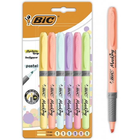 Bic Highlighter Grip Pack de 6 Marcadores Fluorescentes Pastel - Tinta con Base de Agua - Punta Biselada - Trazo entre 1.60 y 3.