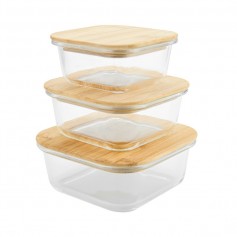 Jocca Set de 3 Recipientes de Cristal Borisilicato para Alimentos - Tapa de Bambu - Tamaños 320ml, 520ml y 800ml - Soportan Temp