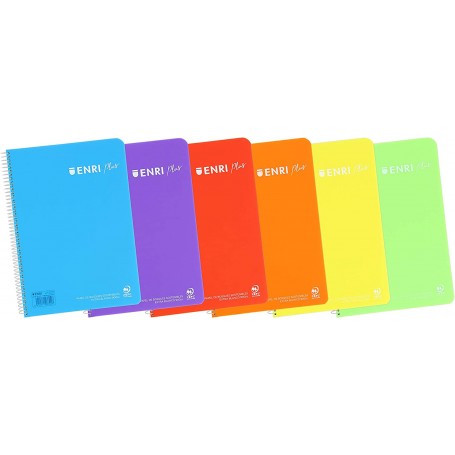 Enri Plus Cuaderno Espiral Formato Folio Cuadriculado 4x4mm - 80 Hojas 90gr con Margen - Cubierta de Plastico - Colores Surtidos