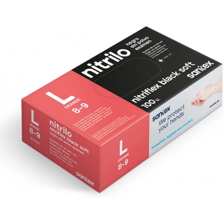 Santex Nitriflex Black Soft Pack de 100 Guantes de Nitrilo para Examen Talla L - 3.5 gramos - Sin Polvo - Libre de Latex - No Es