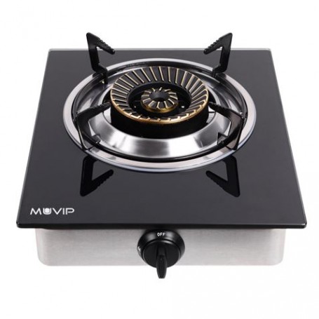 Muvip Cocina de Gas Inox 1 Fuego - Cristal Templado - Encendido Piezoelectrico - Quemador de Hierro Fundido Desmontable