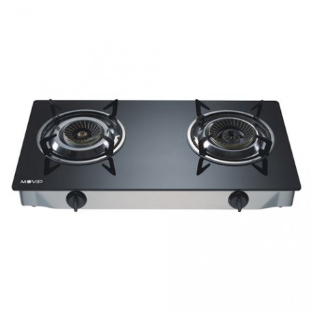 Muvip Cocina de Gas Inox 2 Fuegos - Cristal Templado - Encendido Piezoelectrico - Quemador de Hierro Fundido Desmontable