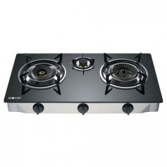 Muvip Cocina de Gas Inox 3 Fuegos - Cristal Templado - Encendido Piezoelectrico - Quemador de Hierro Fundido Desmontable