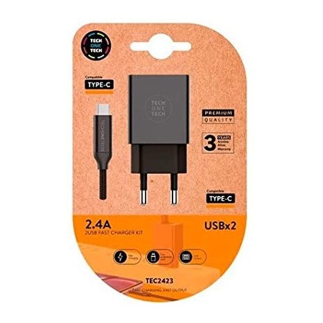 TechOneTech Cargador Doble de Pared + Cable USB-A a USB-C 1m - Recubierto de Nylon Trenzado