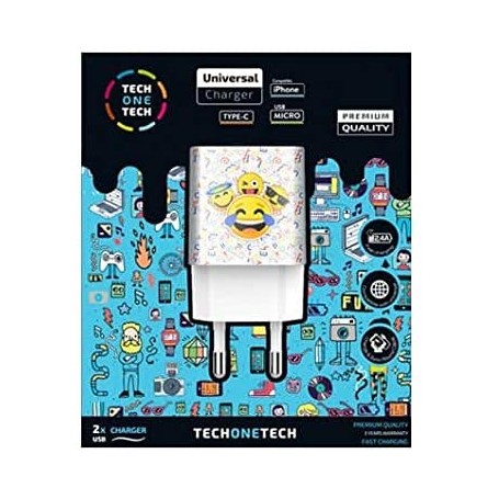 TechOneTech Emojitech Smile Cargador Doble de Pared USB-A - Alto Rendimiento