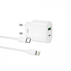 XO L81ATC Cargador de Corriente Tipo C y USB QC 3.0 20W + Cable Lightning - Carga Rapida - Salida con Proteccion Inteligente - C