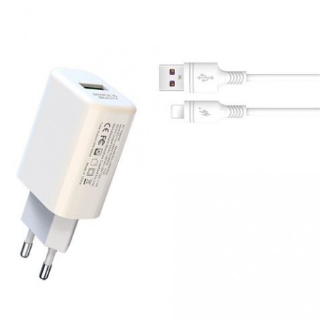 XO L85D Cargador de Corriente 18W + Cable Lightning - Carga Rapida - Proteccion Sobretensiones - Color Blanco