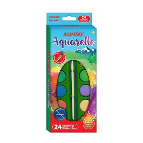 Alpino Pack de 24 Acuarelas - 28mm Diametro - Colores Intensos - Incluye Pincel - Colores Surtidos