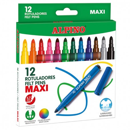 Alpino Pack de 12 Rotuladores Gruesos Maxi - Punta de 6mm - Superlavables, Resistentes, Duraderos y de Colores Brillantes - Idea