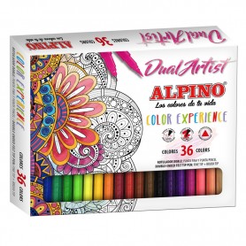 Alpino Dual Artist Color Experience Pack de 36 Rotuladores - Doble Punta (Fine Liner de 0.7 mm y Pincel de 2.9 mm) - Forma Trian