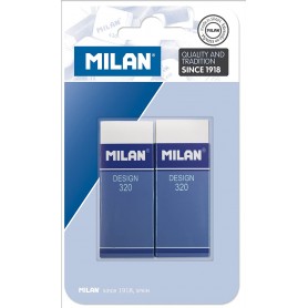 Milan Nata 320 Pack de 2 Gomas de Borrar Rectangulares - Plastico - Faja de Carton Azul - Todo tipo de Superficies - Color Blanc