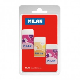 Milan Nata 6027 Pack de 3 Gomas de Borrar Rectangulares - Miga de Pan - Plastico - Faja de Carton en Colores Surtidos - Color Bl