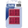 Milan Nata 624 Pack de 4 Gomas de Borrar Rectangulares - Plastico - Suave - No Abrasiva - Color Rojo/Blanco