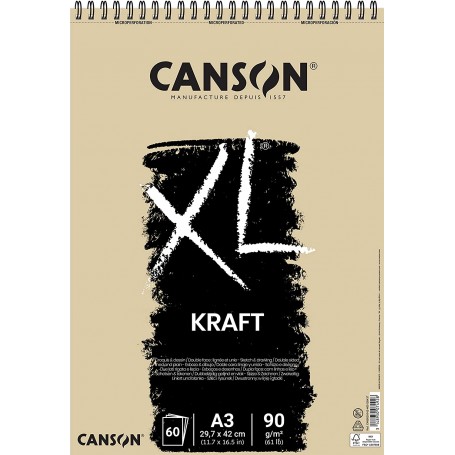 Canson XL Kraft Rayado Bloc de Dibujo con 60 Hojas A3 - Espiral Microperforado - 29.7x42cm - 90g - Color Beige