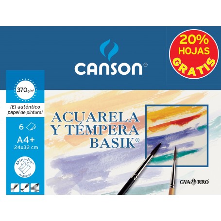 Canson Minipack Promo 6 Hojas Acuarela Basik - 24x32 - 370g - 20% Hojas Gratis - Color Blanco