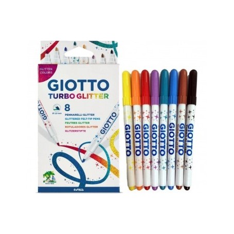 Giotto Turbo Glitter Pack de 8 Rotuladores - Punta Fina 2.8mm - Tinta al Agua - Lavable - Colores Surtidos