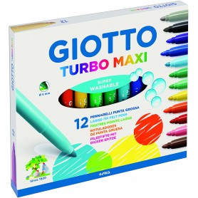 Giotto Turbo Maxi Pack de 12 Rotuladores - Punta Gruesa 5mm - Tinta al Agua - Lavable - Colores Surtidos