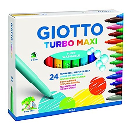 Giotto Turbo Maxi Pack de 24 Rotuladores - Punta Gruesa 5mm - Tinta al Agua - Lavable - Colores Surtidos