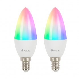 NGS Gleam 514c Duo Pack de 2 Bombillas LED E14 5W Inteligentes - WiFi - 500lm - Iluminacion RGB Regulable - Compatible con Asist