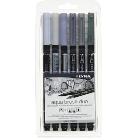 Lyra Aqua Brush Duo Pack 6 Rotuladores de Doble Punta - Trazos 1-5 y 1mm - Tinta Base de Agua - Colores Tonos Grises