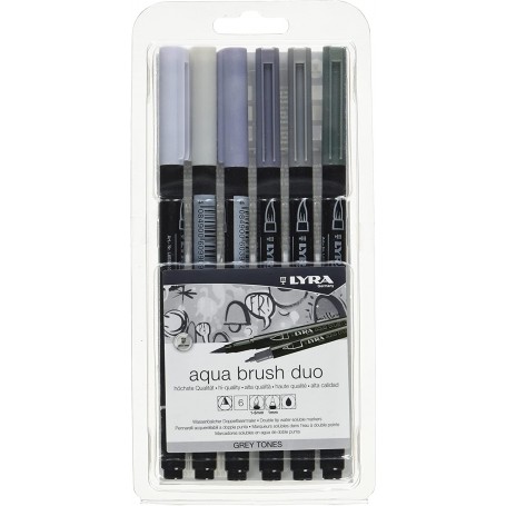 Lyra Aqua Brush Duo Pack 6 Rotuladores de Doble Punta - Trazos 1-5 y 1mm - Tinta Base de Agua - Colores Tonos Grises