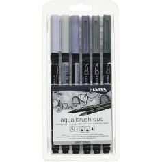 Lyra Aqua Brush Duo Pack 6 Rotuladores de Doble Punta - Trazos 1-5 y 1mm - Tinta Base de Agua - Colores Tonos Grises