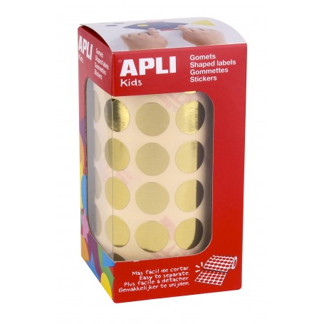 Apli Gomets Redondos Oro Metalizado - Ø 15mm - 2832 Gomets por Rollo - Adhesivo Permanente - Ideal para Escuelas y Talleres Infa