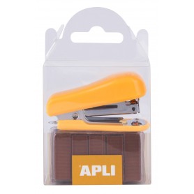 Apli Pocket Grapadora Naranja - Tamaño 56mm - Compacta y Ligera - Capacidad de Grapado Hasta 20 Hojas - Incluye 2000 Grapas del 